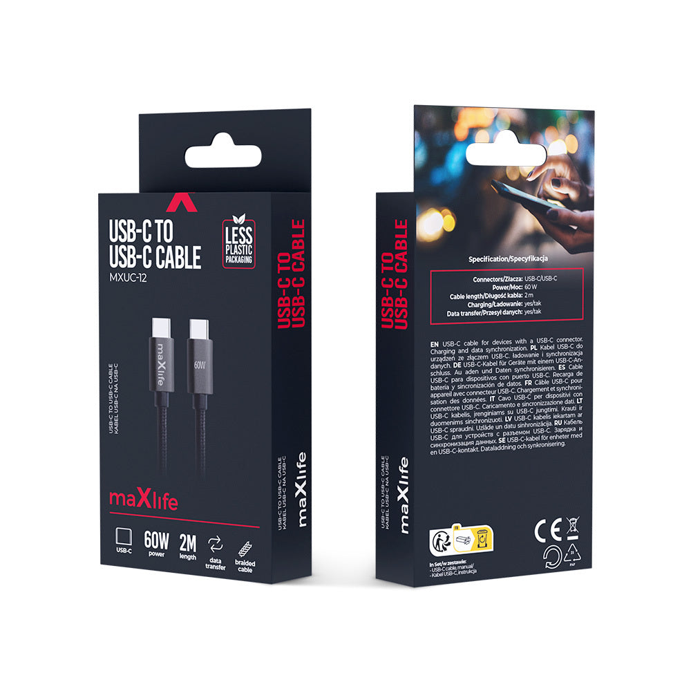 USB-C till USB-C data- och laddningskabel MaXlife MXUC-12, 60W, 2m, Svart