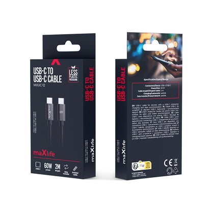 USB-C till USB-C data- och laddningskabel MaXlife MXUC-12, 60W, 2m, Svart