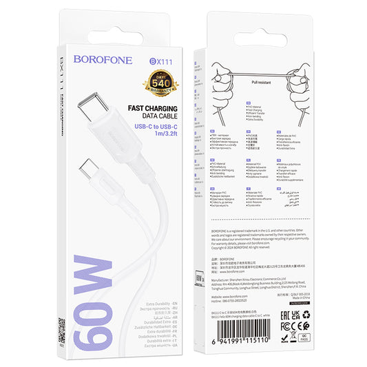 USB-C data- och laddningskabel - USB-C Borofone BX111 Feliz, 60W, 1m, Vit 