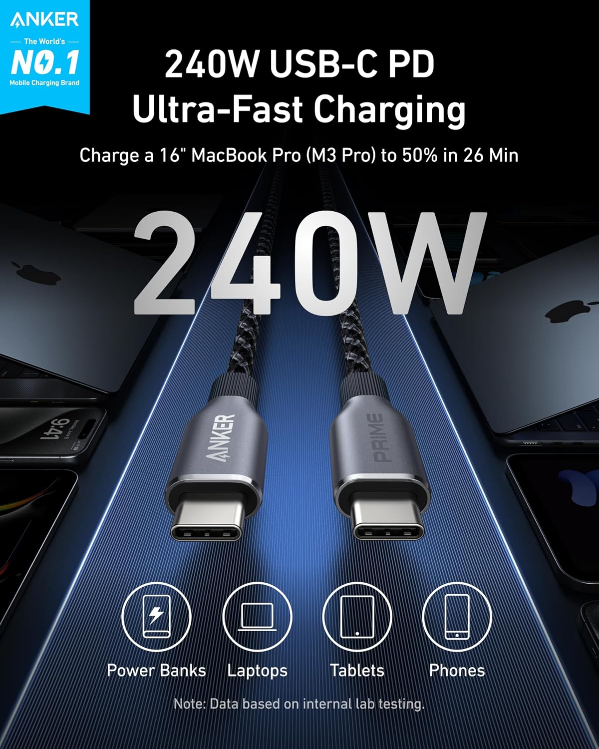 Anker Prime USB-C till USB-C data- och laddningskabel, 240 W, 0,9 m, svart A88E2011
