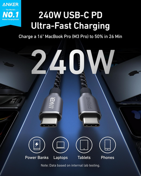 Anker Prime USB-C till USB-C data- och laddningskabel, 240 W, 0,9 m, svart A88E2011