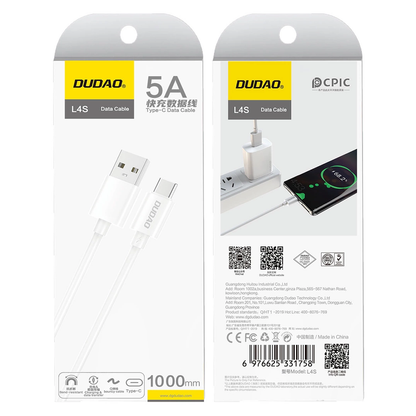 USB-A till USB-C data- och laddningskabel Dudao L4ST, 100W, 1m, vit