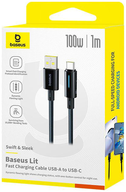 USB-A till USB-C Baseus Lit Button Control data- och laddningskabel, 100W, 1m, Svart P10379002121-00