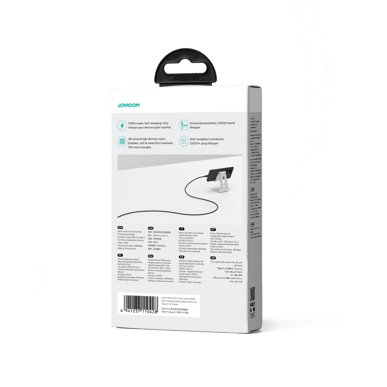 USB-A till USB-C data- och laddningskabel Joyroom Multi-Color S-A34, 100W, 1m, Svart