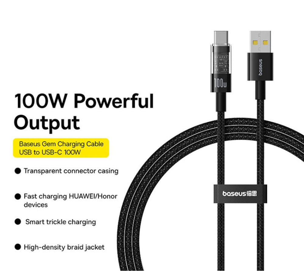 USB-A till USB-C Baseus Gem data- och laddningskabel, 100W, 1m, Svart P10373002111-00