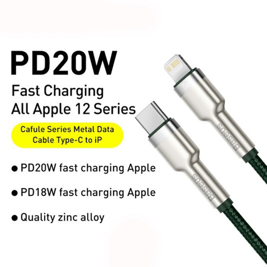 USB-C till Lightning Data- och Laddningskabel Baseus Cafule Metal Series, 20W, 2m, Grön CATLJK-B06