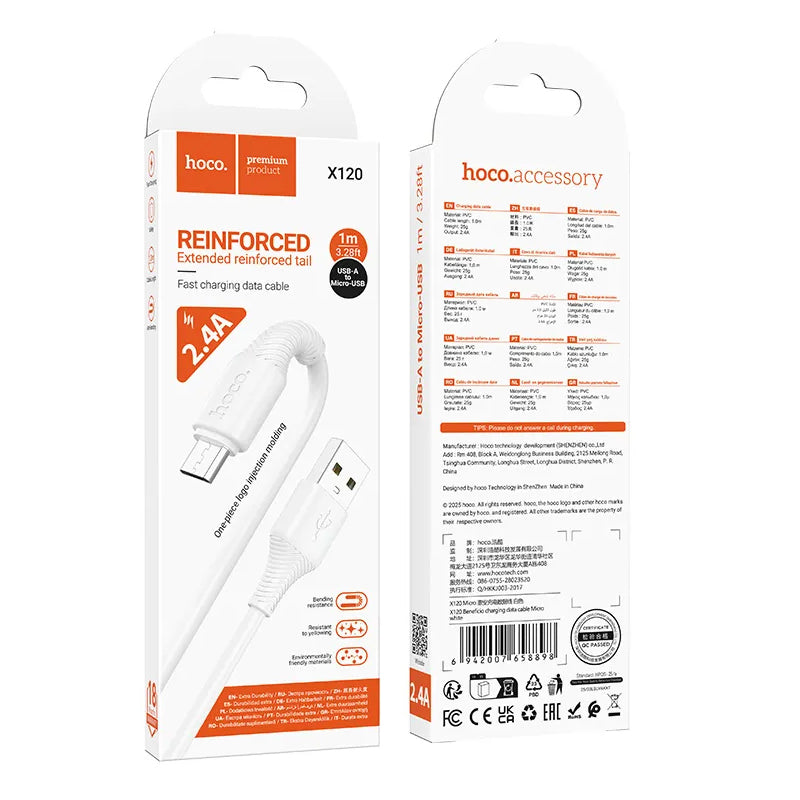 USB-A till microUSB data- och laddningskabel HOCO X120, 18W, 1m, Vit
