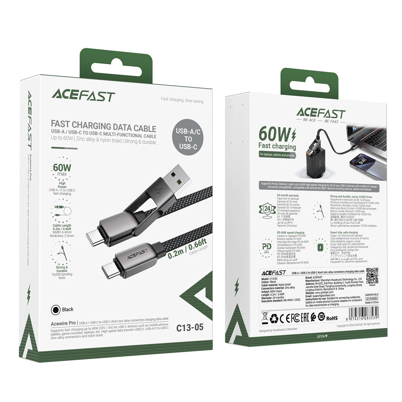 USB-C - USB-A / USB-C Acefast C13-05 data- och laddningskabel, 60W, 0.2m, Svart