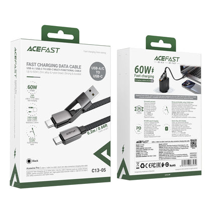 USB-C - USB-A / USB-C Acefast C13-05 data- och laddningskabel, 60W, 0.2m, Svart
