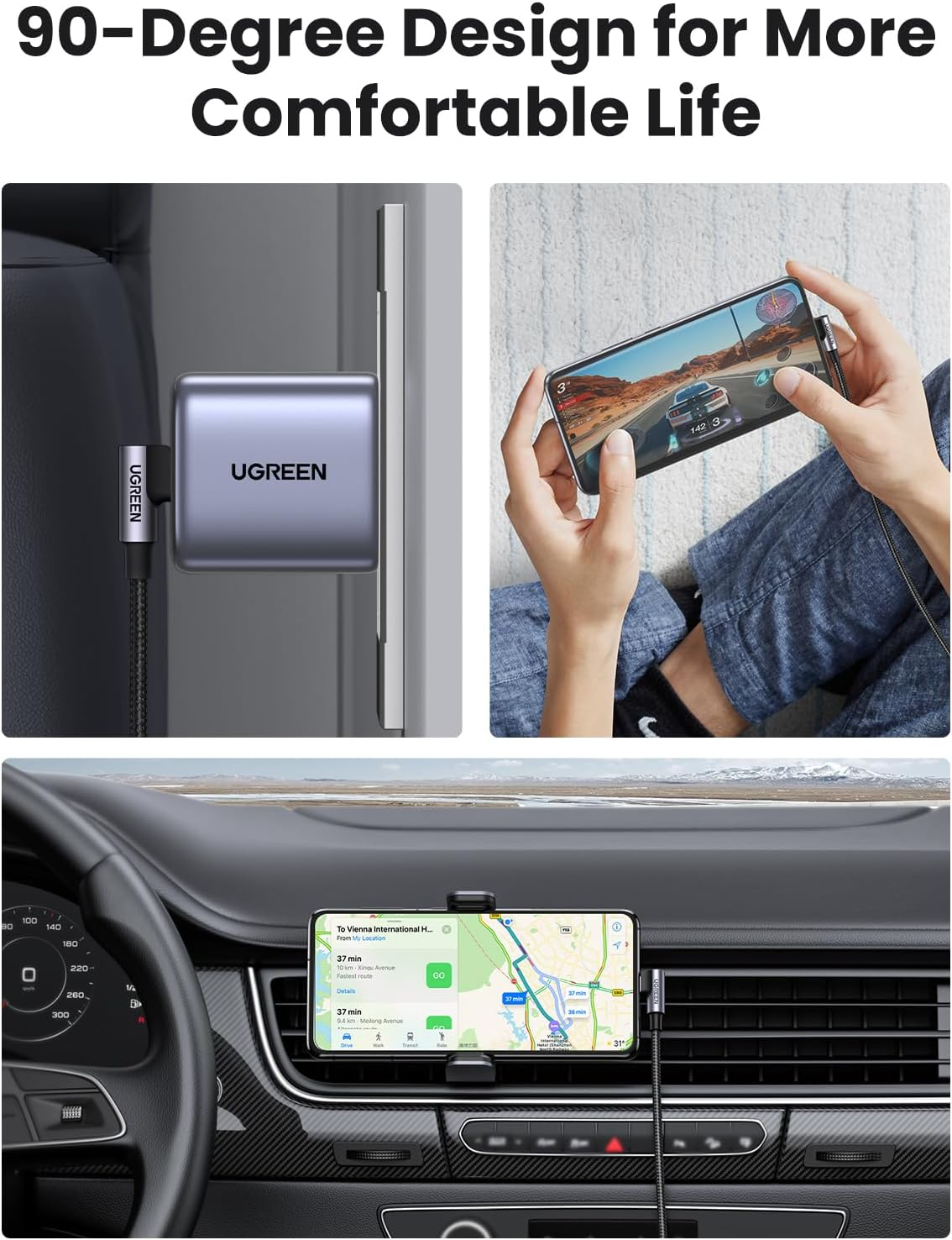 USB-C till USB-C data- och laddningskabel UGREEN US255 Angled, 60W, 3m, Grå