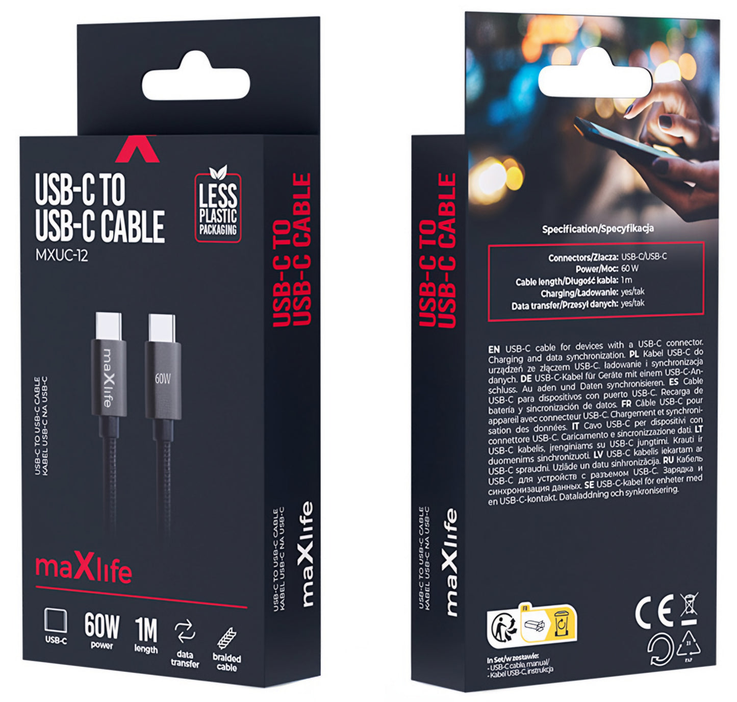USB-C till USB-C data- och laddningskabel MaXlife MXUC-12, 60W, 1m, Svart