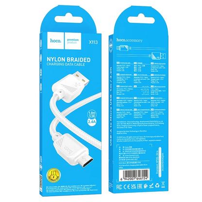 USB-A till microUSB data- och laddningskabel HOCO X113, 18W, 1m, vit