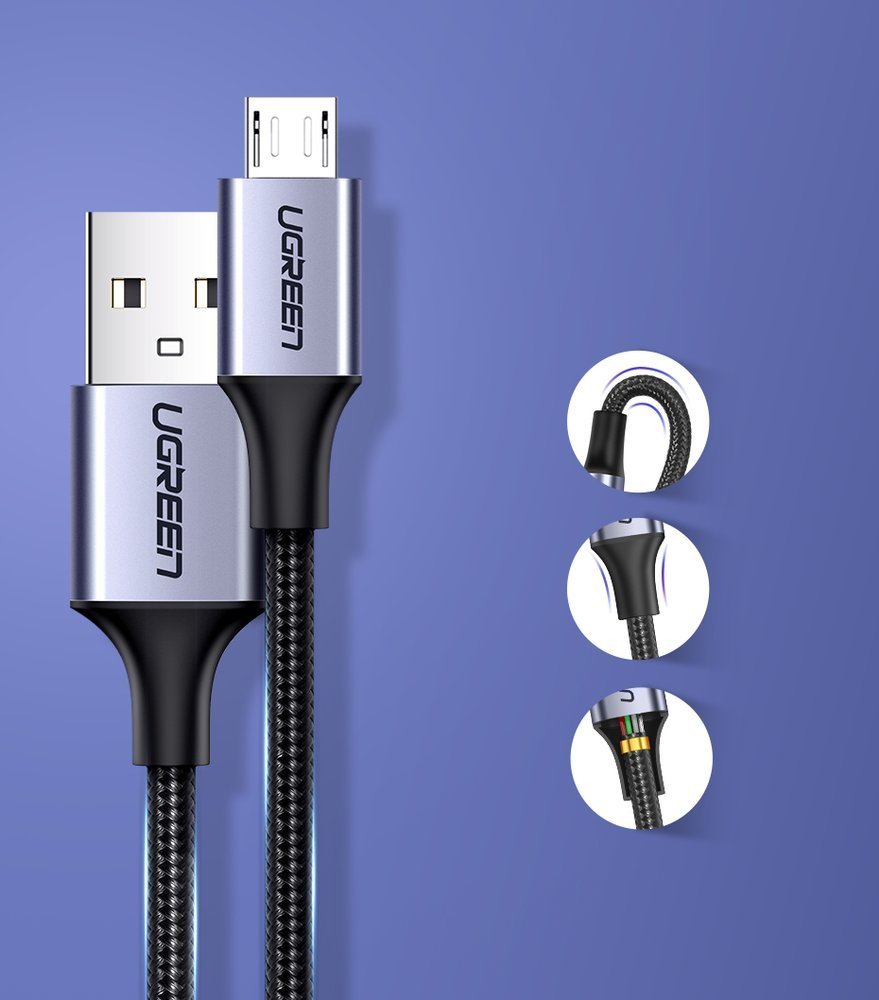 USB-A till microUSB-data- och laddningskabel UGREEN US290, 18W, 1.5m, Svart