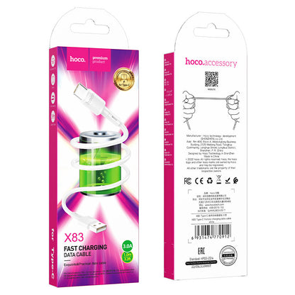 Data- och laddningskabel USB-A - USB-C HOCO X83 Victory, 20W, 1m, Vit