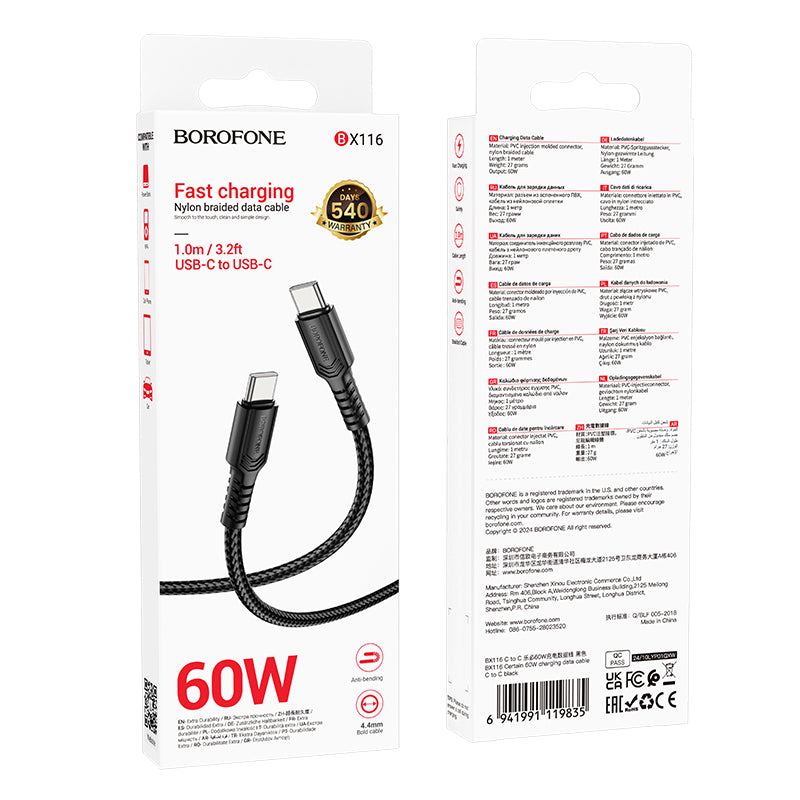 USB-C till USB-C data- och laddningskabel Borofone BX116 Certain, 60W, 1m, Svart