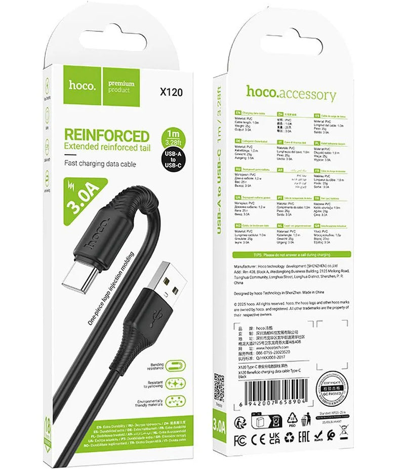 USB-A till USB-C data- och laddningskabel HOCO X120, 60W, 1m, Svart