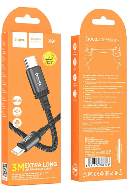 USB-C till USB-C Data- och Laddningskabel HOCO X91, 60W, 3m, Svart