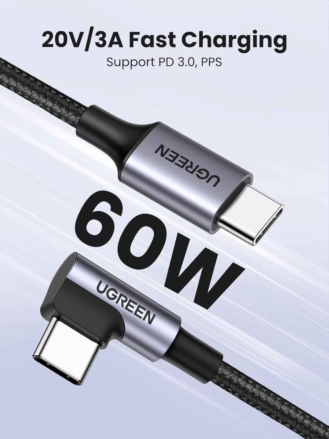 USB-C till USB-C data- och laddningskabel UGREEN US255 Angled, 60W, 3m, Grå