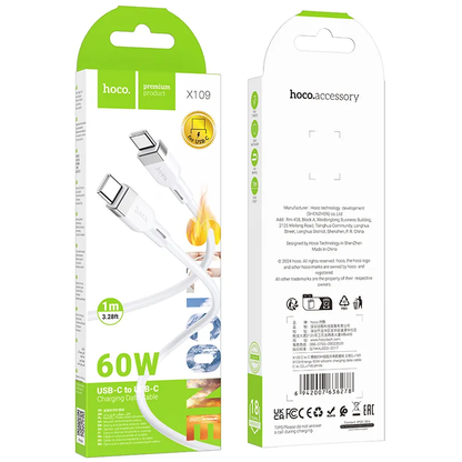 USB-C till USB-C data- och laddningskabel HOCO X109, 60W, 1m, Vit