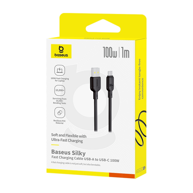 USB-A till USB-C Baseus Silky data- och laddningskabel, 100W, 1m, Svart P10377703113-00