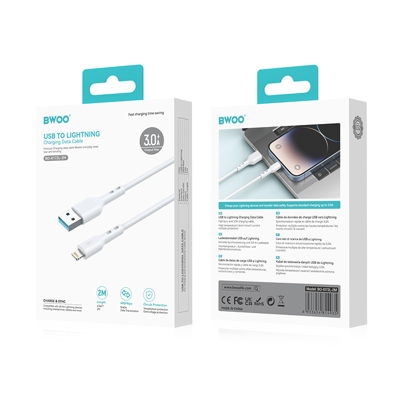 USB-A till Lightning data- och laddningskabel BWOO BO-X172L-2M, 15W, 2m, vit
