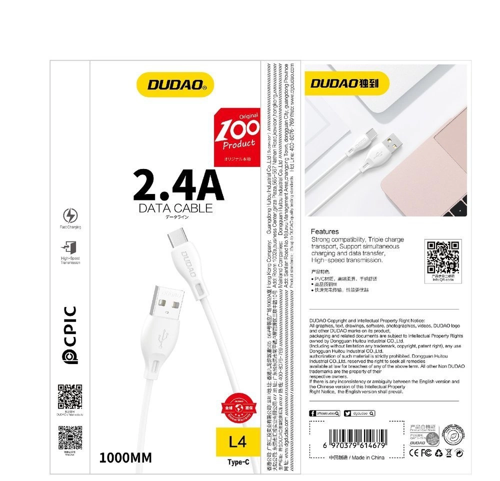 USB-A till Lightning data- och laddningskabel Dudao L4L, 18W, 1m, vit