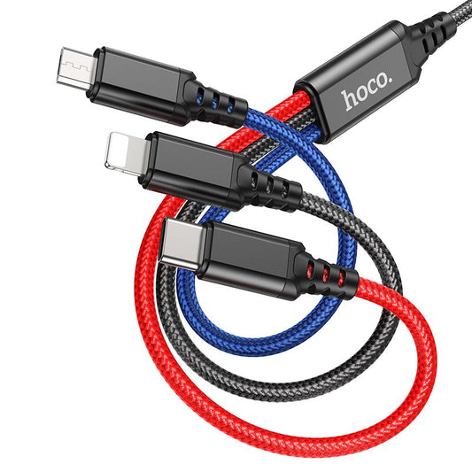USB-A laddningskabel - Lightning / microUSB / USB-C HOCO X76 3in1, 18W, 1m, Flerfärgad