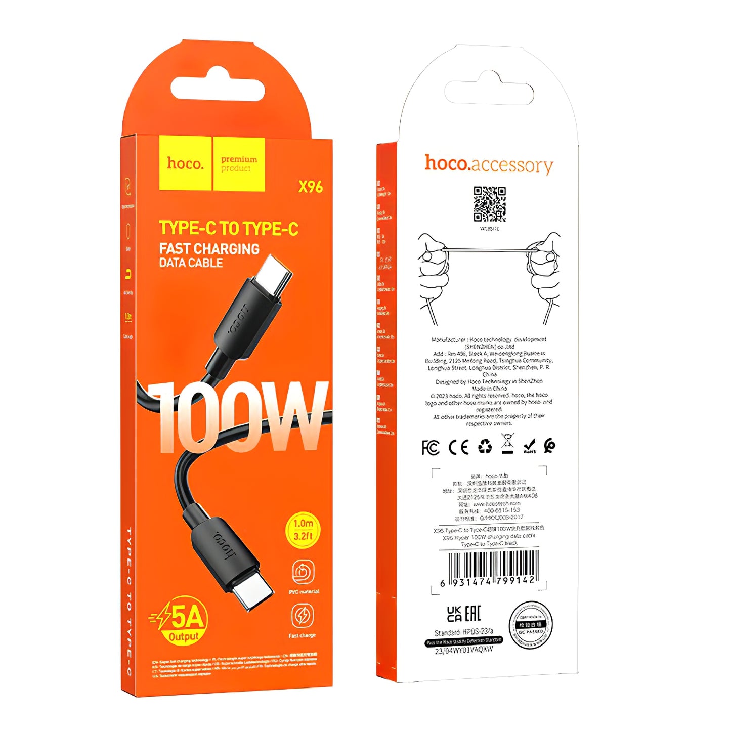 USB-C till USB-C Data- och Laddningskabel HOCO X96, 100W, 1m, Svart