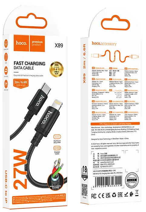 USB-C - Lightning Data- och Laddningskabel HOCO X89, 27W, 2m, Svart