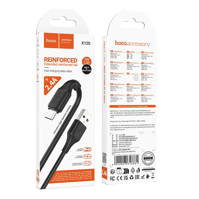 Data- och laddningskabel USB-A till microUSB HOCO X120, 18W, 1m, Svart