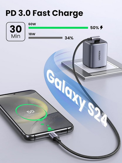 USB-C till USB-C data- och laddningskabel UGREEN US255 Angled, 60W, 3m, Grå