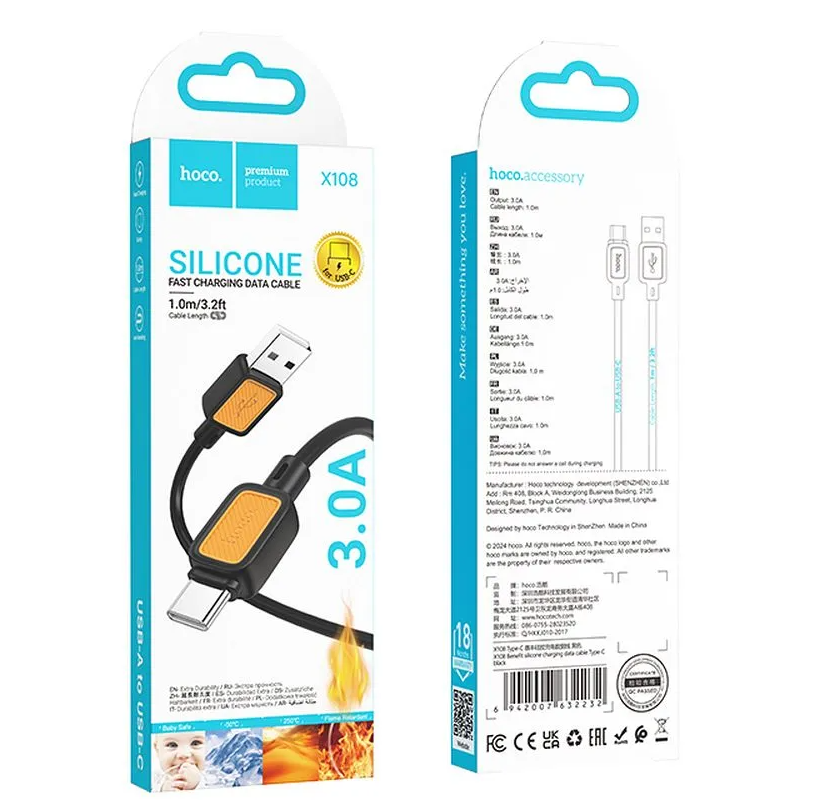 Data- och laddningskabel USB-A till USB-C HOCO X108, 18W, 1m, Svart