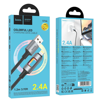 USB-A - Lightning HOCO U144 Led data- och laddningskabel, 18W, 1.2m, Svart
