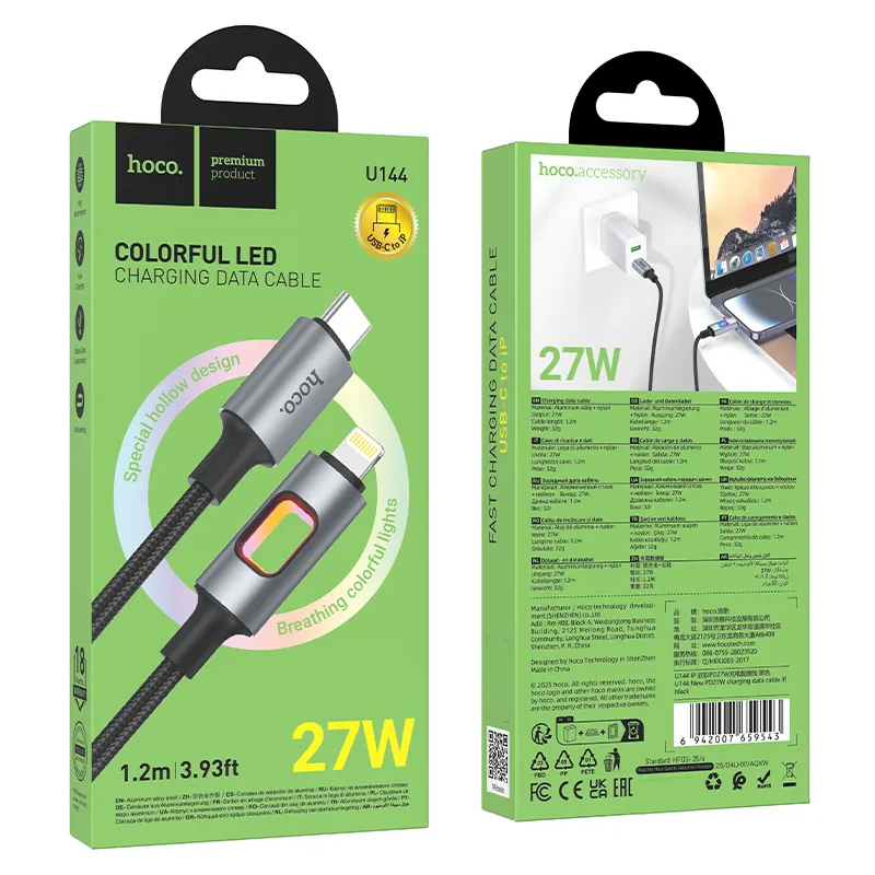 USB-C till Lightning data- och laddningskabel HOCO U144 Led, 27W, 1,2m, svart