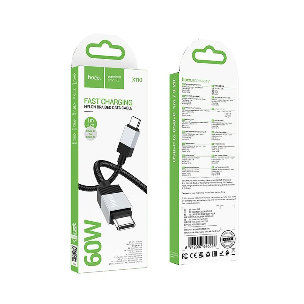 USB-C Data- och Laddningskabel - USB-C HOCO X110, 60W, 1m, Svart