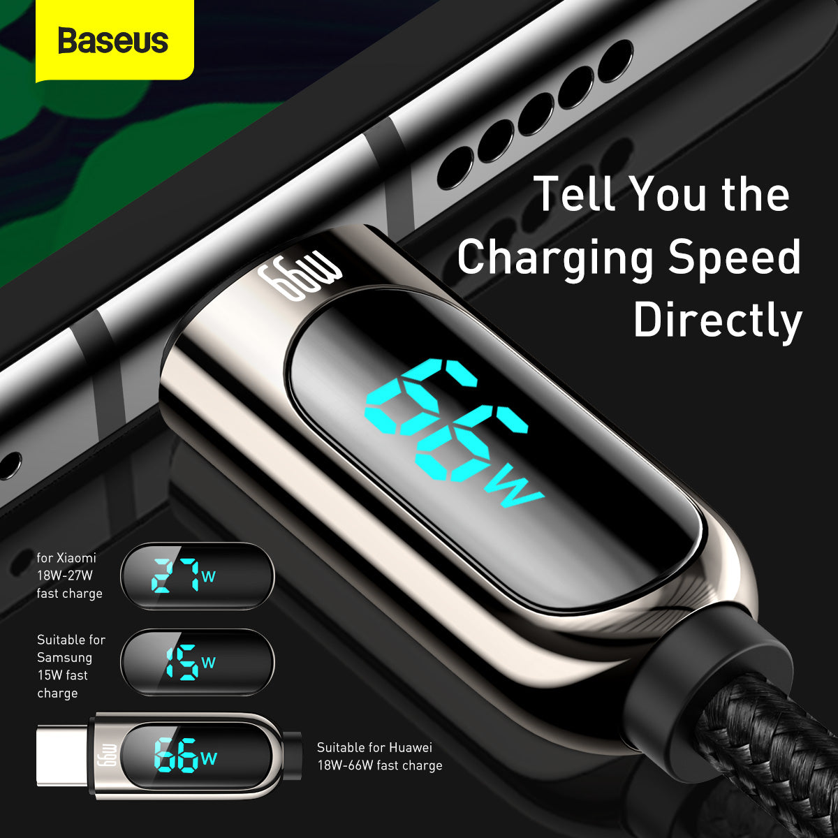 USB-A till USB-C Data- och Laddningskabel Baseus Display, 66W, 2m, Svart CASX020101