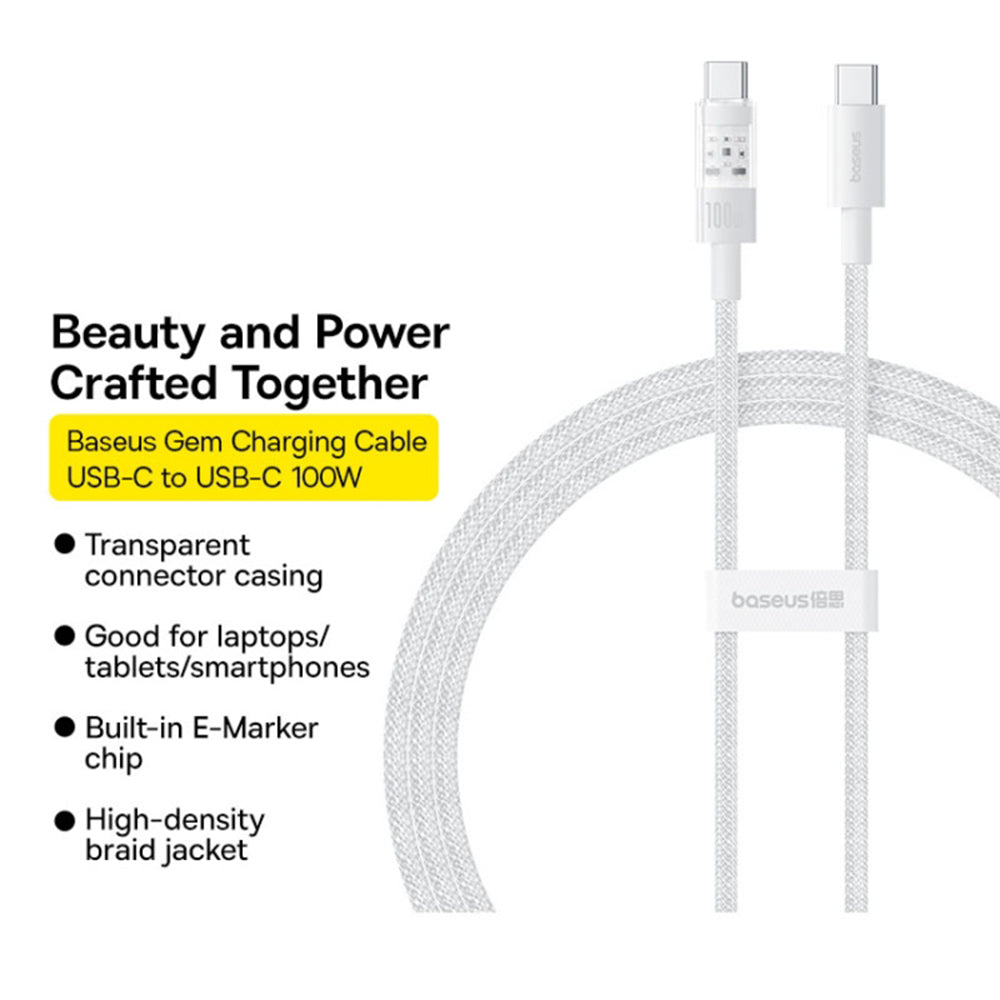 USB-C - USB-C Data- och Laddningskabel Baseus Gem, 100W, 2m, Vit P10373000211-01