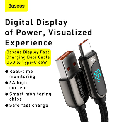 USB-A till USB-C Data- och Laddningskabel Baseus Display, 66W, 2m, Svart CASX020101