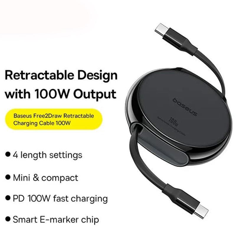 USB-C till USB-C Data- och Laddningskabel Baseus Pathfinder Retractable, 100W, 1m, Svart P10368400111-00