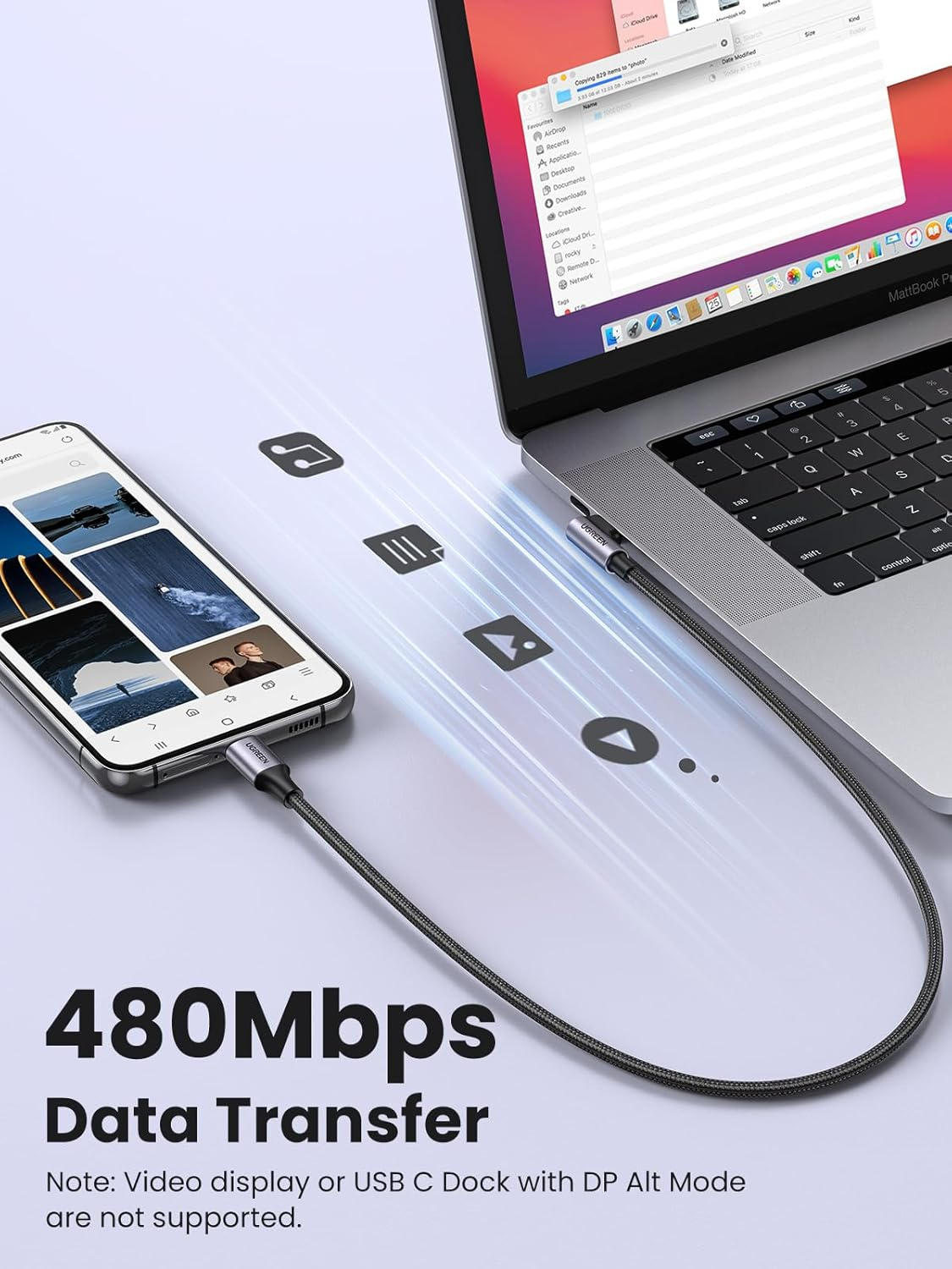 USB-C till USB-C data- och laddningskabel UGREEN US255 Angled, 60W, 3m, Grå