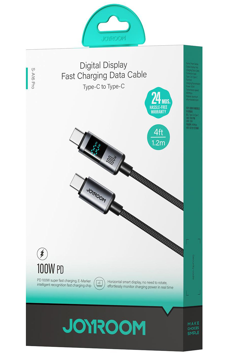 USB-C Data and Charging Cable - USB-C Joyroom S-A16 Pro Prism Display, 100W, 1.2m, Black