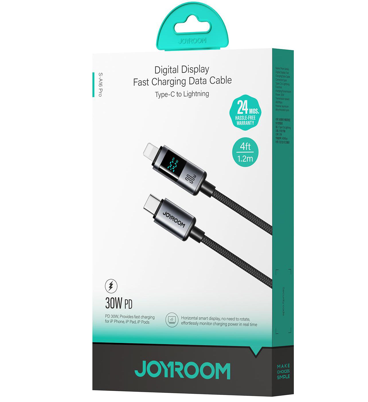 USB-C till Lightning Joyroom S-A16 Pro Prism Display data- och laddningskabel, 30W, 1.2m, Svart