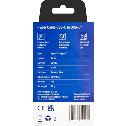 USB-C Data- och Laddningskabel - USB-C 3MK Hyper, 100W, 1.2m, Svart
