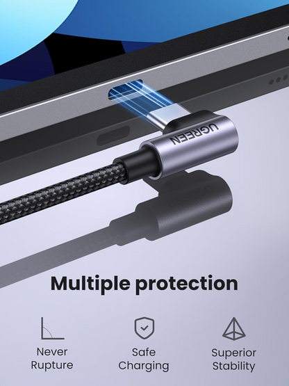 USB-C till USB-C data- och laddningskabel UGREEN US255 Angled, 60W, 3m, Grå