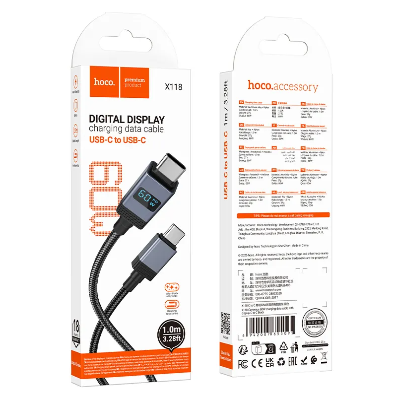 USB-C till USB-C data- och laddningskabel HOCO X118 Display, 60W, 1m, Svart