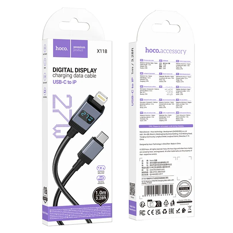 USB-C till Lightning Data- och Laddningskabel HOCO X118 Display, 27W, 1m, Svart