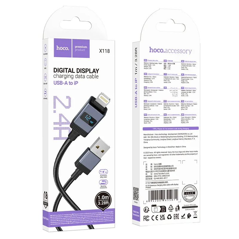 Data- och laddningskabel USB-A - Lightning HOCO X118 Display, 12W, 1m, Svart