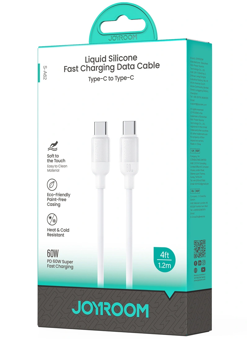 USB-C Data- och Laddningskabel - USB-C Joyroom S-A62 Lively, 60W, 1,2m, Vit