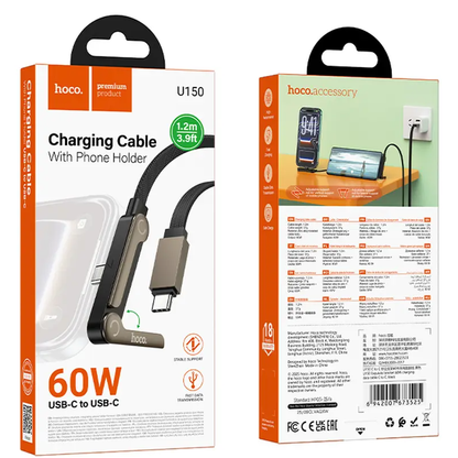 USB-C Data- och laddningskabel - USB-C HOCO U150 Exquisite, 60W, 1,2m, Svart