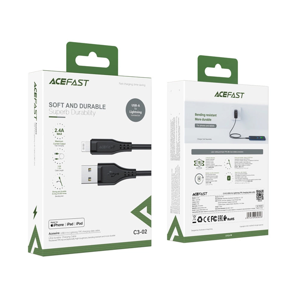 USB-A to Lightning Data and Charging Cable Acefast C3-02, 18W, 1.2m, Black